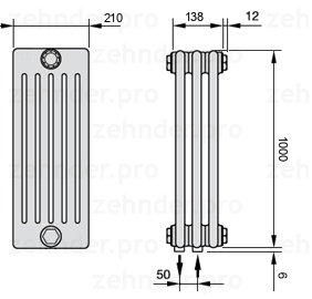 Схема (чертеж) Радиатор Zehnder Charleston 6100/3 №5410 Белый глянцевый RAL 9016